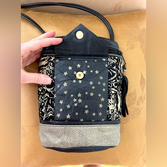 Leather and Suede Mixed Media Black and Gold Handbag Crossbody - Picture 2 of 10